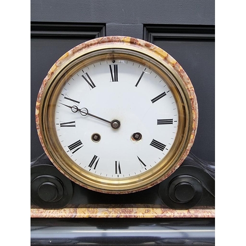 1382 - An impressive late 19th century marble and slate drumhead mantel clock, 34 x 54cm, with pendulum and... 