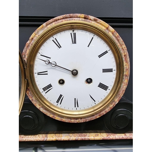 1382 - An impressive late 19th century marble and slate drumhead mantel clock, 34 x 54cm, with pendulum and... 