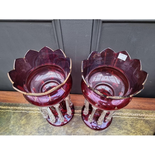 1385 - A pair of antique ruby stained glass lustres, 35.5cm high.