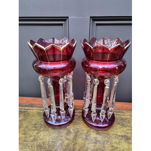 1385 - A pair of antique ruby stained glass lustres, 35.5cm high.