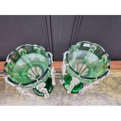 1386 - A pair of antique green flashed glass lustres, 31cm high.