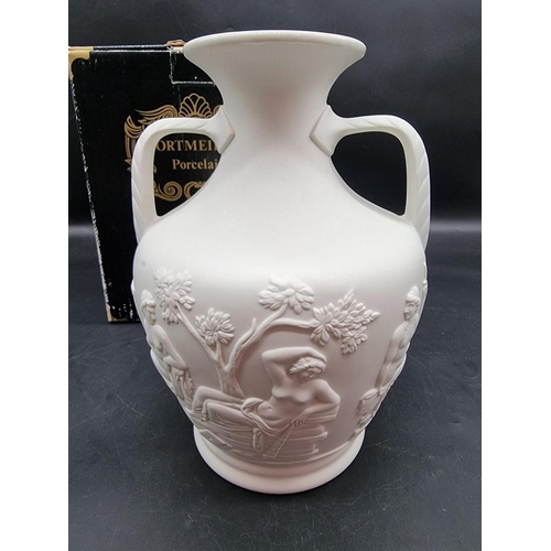 1433 - A Portmeirion Parian 'Portland' vase, 27.5cm high, boxed; together with a similar pair of figural ca... 