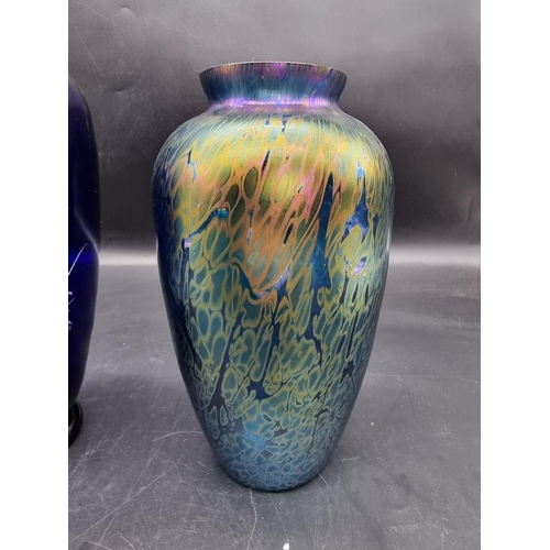 1444 - A large Bristol blue glass Mary Gregory style vase and cover, largest 32.5cm; together with two Isle... 