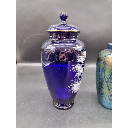 1444 - A large Bristol blue glass Mary Gregory style vase and cover, largest 32.5cm; together with two Isle... 