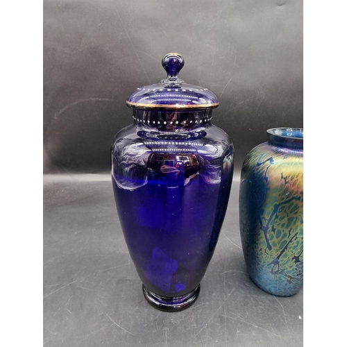 1444 - A large Bristol blue glass Mary Gregory style vase and cover, largest 32.5cm; together with two Isle... 