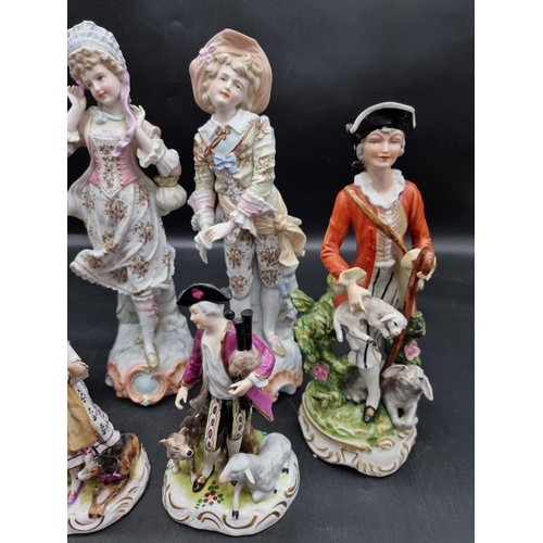 1445 - Three pairs of Continental porcelain figures, largest 31.5cm high. 