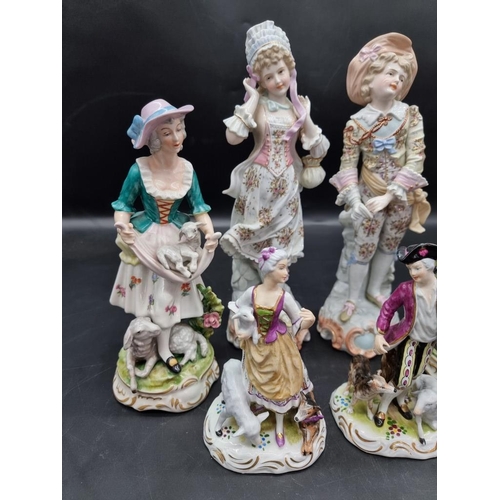 1445 - Three pairs of Continental porcelain figures, largest 31.5cm high. 