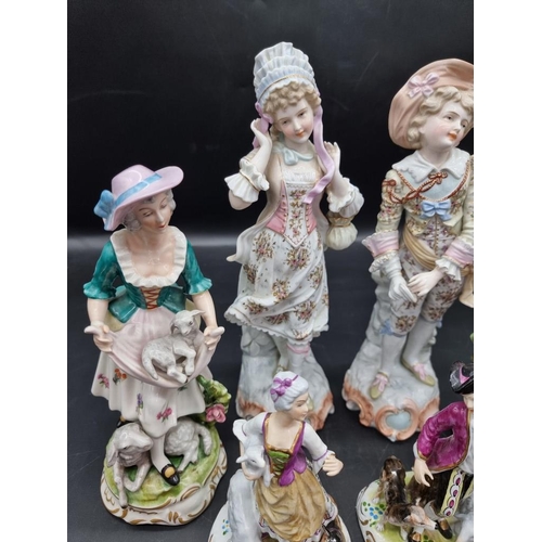 1445 - Three pairs of Continental porcelain figures, largest 31.5cm high. 