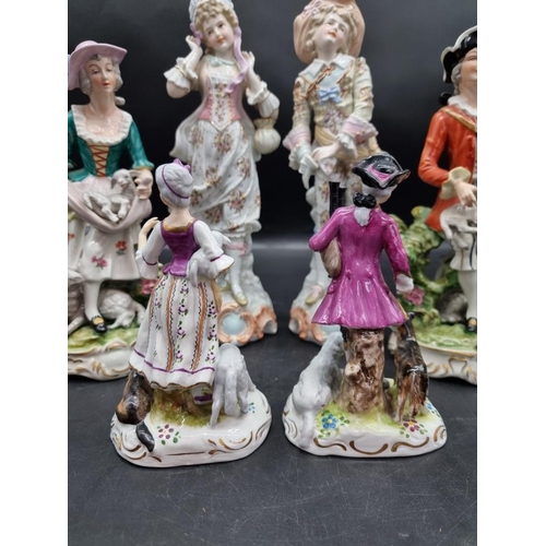 1445 - Three pairs of Continental porcelain figures, largest 31.5cm high. 