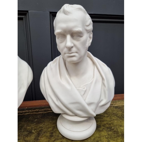 1448 - A pair of Wedgwood Parian busts of James Watt and George Stephenson, by E W Wyon, 38cm high.... 