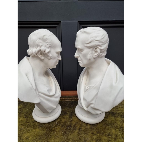 1448 - A pair of Wedgwood Parian busts of James Watt and George Stephenson, by E W Wyon, 38cm high.... 