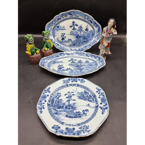 1465 - A pair of Chinese blue and white oval dishes, 18th century, 33.5cm wide; together with a famill... 