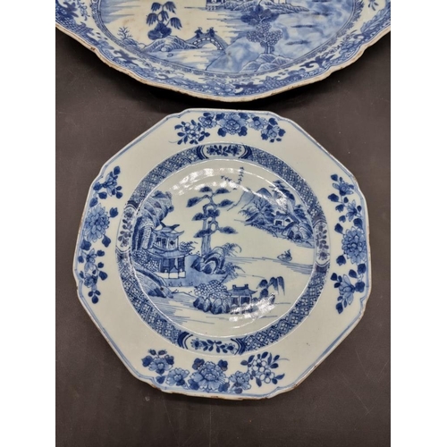 1465 - A pair of Chinese blue and white oval dishes, 18th century, 33.5cm wide; together with a famill... 