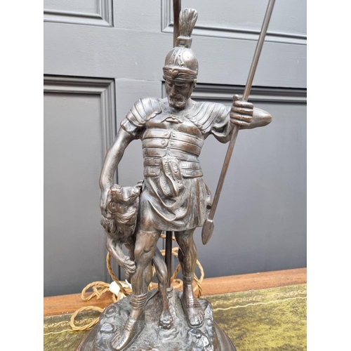 1476 - A bronzed spelter figural gladiator table lamp, total height 61cm.