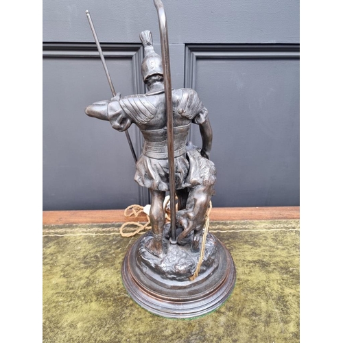 1476 - A bronzed spelter figural gladiator table lamp, total height 61cm.