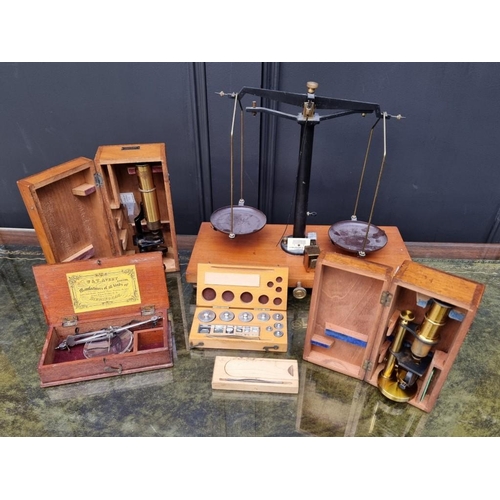 1491 - A collection of scientific equipment, to include two boxed microscopes; balance scales etc.... 