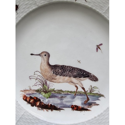 1500 - A 19th century Meissen plate, painted with a wading bird and insects, with basketweave boarder, 24.5... 