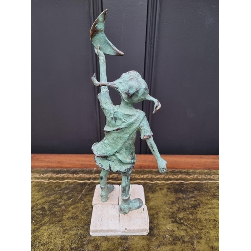 1506 - WITHDRAWN FROM SALE: a verdigris bronze figure of a young girl with crescent moon, indistinctly mark... 