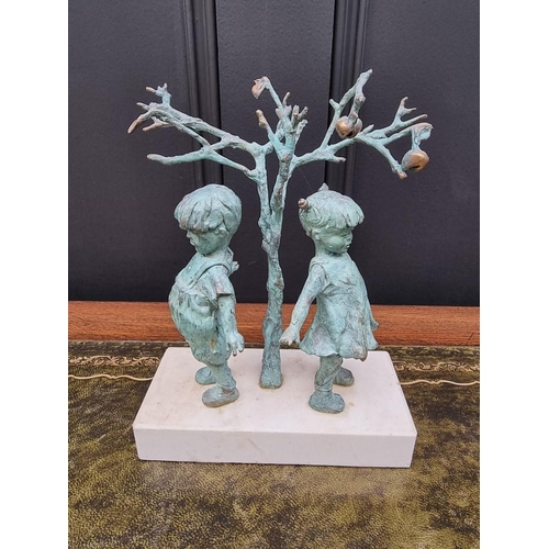 1507 - WITHDRAWN FROM SALE: a verdigris bronze figure group of two children under a fruit tree, 21cm high.... 