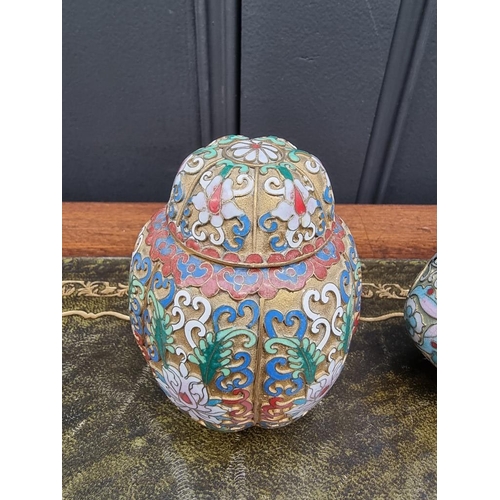 1524 - A Chinese cloisonne enamel jar and cover, 10cm high; together with a similar egg, 13.5cm high. (2)... 