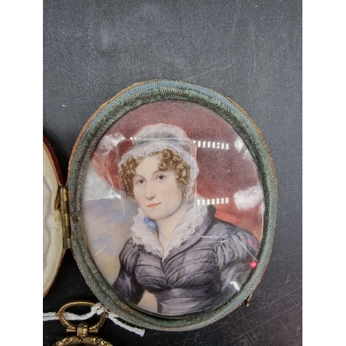 1646 - WITHDRAWN: English School, early 19th century, half length portrait miniature of Miss Fisher, inscri... 