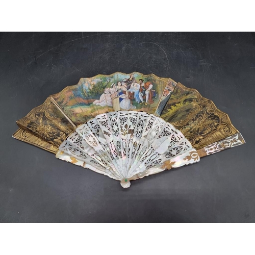 1650 - A 19th century mother of pearl and gouache fan, with finely pierced and gilt decoration, painte... 