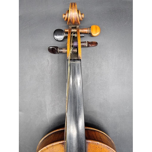 1691 - An interesting antique continental violin, with 14in two piece back, with bow and case. ... 