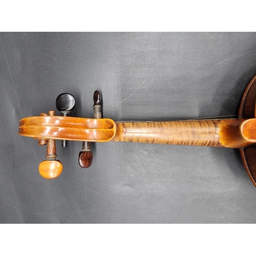 1691 - An interesting antique continental violin, with 14in two piece back, with bow and case. ... 