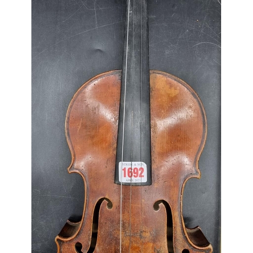 1692 - An antique continental violin, with 14in one piece back, (s.d); together with a bow and case.&n... 