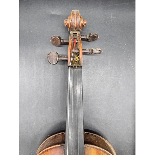 1692 - An antique continental violin, with 14in one piece back, (s.d); together with a bow and case.&n... 