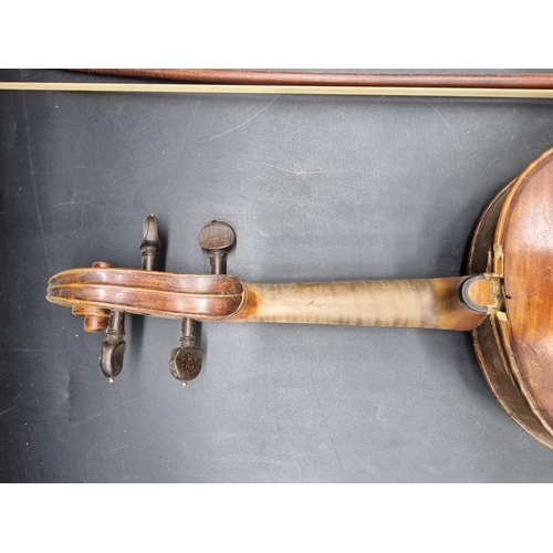 1692 - An antique continental violin, with 14in one piece back, (s.d); together with a bow and case.&n... 