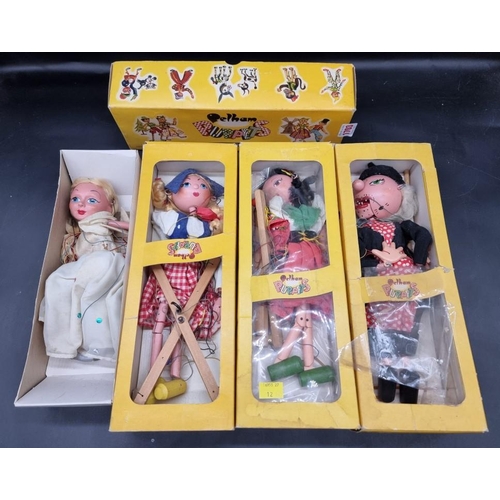 1703 - Four vintage Pelham Puppets, comprising: SS Gypsy; Dutch Girl; SM Witch and Fairy, all in origi... 