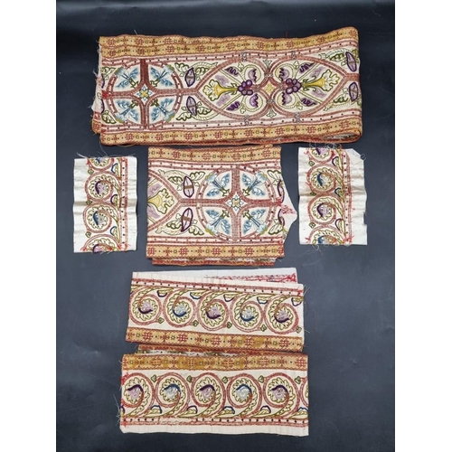 1722 - A small group of antique metal and thread embroidered silk fabric sections, largest 105 x 21.5cm.&nb... 