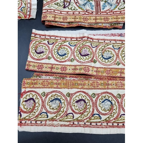 1722 - A small group of antique metal and thread embroidered silk fabric sections, largest 105 x 21.5cm.&nb... 