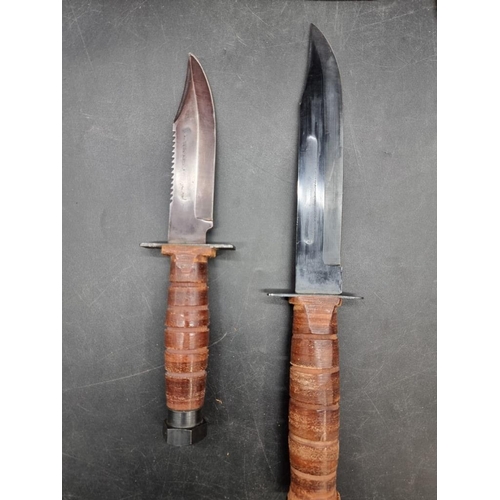 1767 - Two Bowie knives and leather sheaths, the blades 17.5cm and 12.5cm respectively.... 