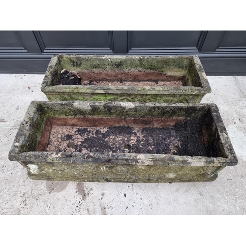 1778 - A pair of old weathered composition stone rectangular planters, 91cm wide.