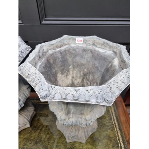 1788 - An unusual pair of composition stone simulated lead octagonal pedestal urns, 50cm high.... 