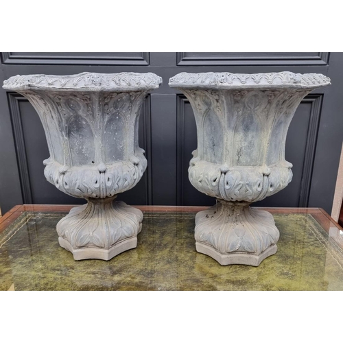 1788 - An unusual pair of composition stone simulated lead octagonal pedestal urns, 50cm high.... 