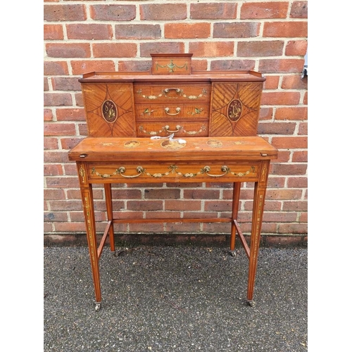 1038 - A good late Victorian satinwood, painted, line inlaid and crossbanded bonheur du jour, in the m... 