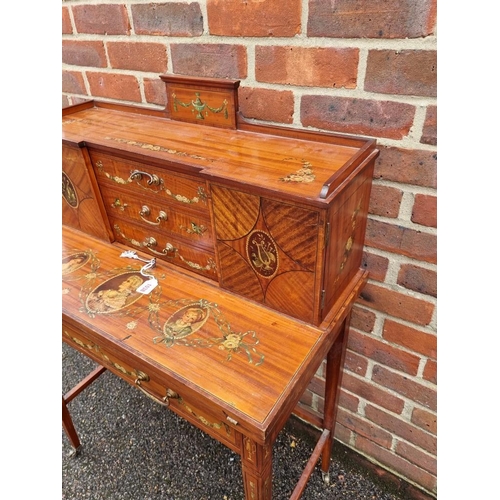 1038 - A good late Victorian satinwood, painted, line inlaid and crossbanded bonheur du jour, in the m... 