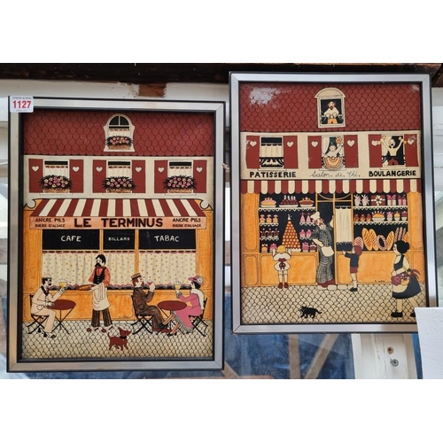 1127 - Michael Cordi, French shop scenes, a pair, each signed, acrylic on canvas, 34.5 x 26.5cm. (2)... 