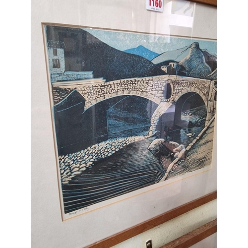 1160 - Frederick Austin, 'Bridge in Italy', signed and titled, linocut, I.26.5 x 32cm.... 