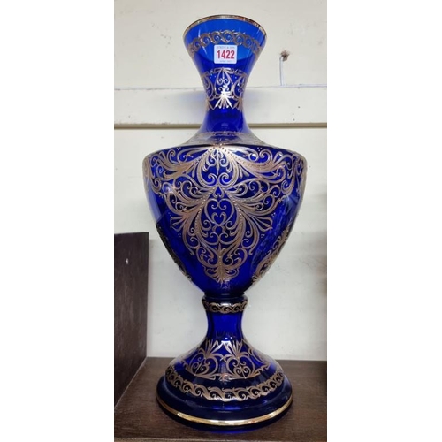 1422 - A large Bristol blue glass and gilt enamelled vase, 50cm high.  