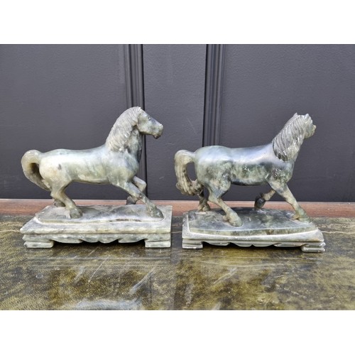 1488 - Two similar Chinese green soapstone horses, largest 15.5cm high, (repairs to one). ... 