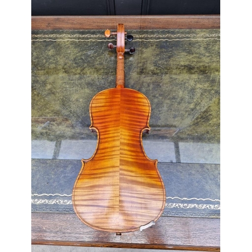 1691 - An interesting antique continental violin, with 14in two piece back, with bow and case. ... 