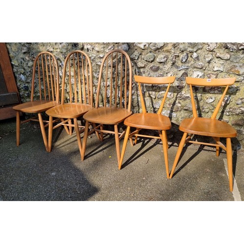 1808 - Five various vintage Ercol dining chairs, comprising a set of three and a pair.