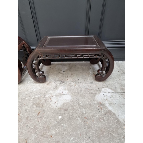 1096 - A pair of Chinese carved and stained wood opium tables, 64cm wide. 