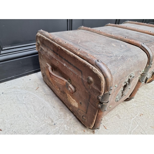 1116 - A vintage painted canvas luggage chest, the brass locks stamped 'Excelsior', 87cm wide.   ... 