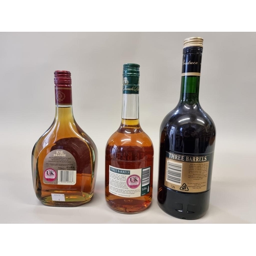 49 - Three bottles of brandy, comprising: a 1 litre Three Barrels VSOP; a 70cl Three Barrels VSOP; 70cl E... 