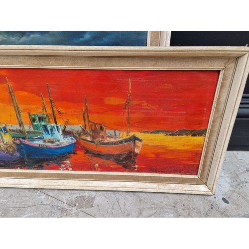 1108 - Prudence Turner, fishing boats in a harbour, signed, acrylic on board, 29 x 120.5cm; together with a... 